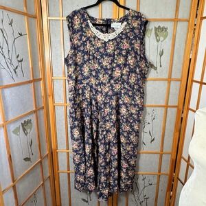 Vintage ED Michaels Plus Floral Dress Navy Blue Lace Trim Rayon Made in USA